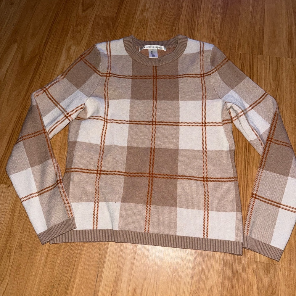 Max Studio Women’s Plaid Crewneck Sweater - Brown and Cream